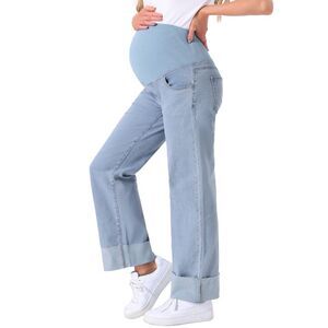 Maternity Straight Leg Cuffed Comfy Over Belly Support Denim Pants